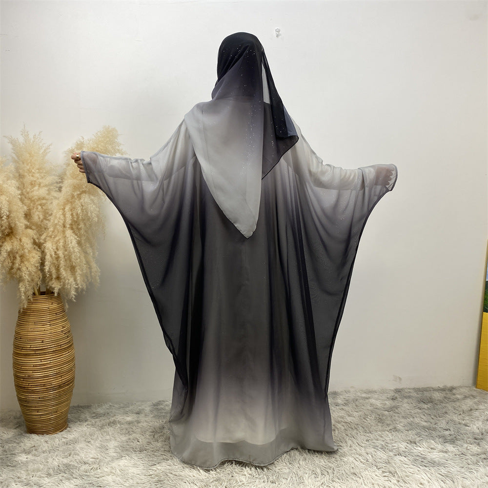 Muslim Chiffon Cardigan Gradient Bat Sleeve Set with Hijab