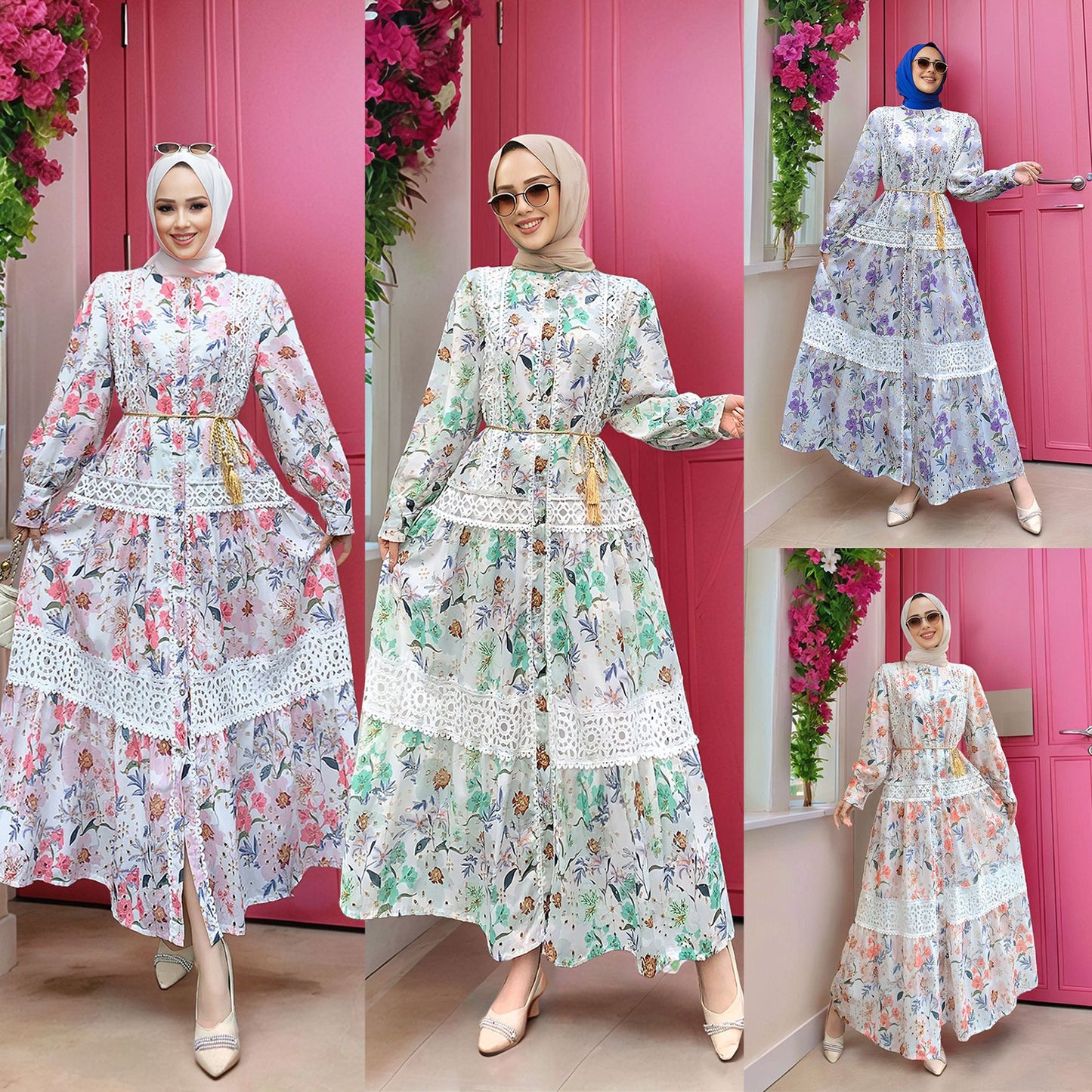 Embroidered Floral Modest Muslim Lantern Sleeve Maxi Dress