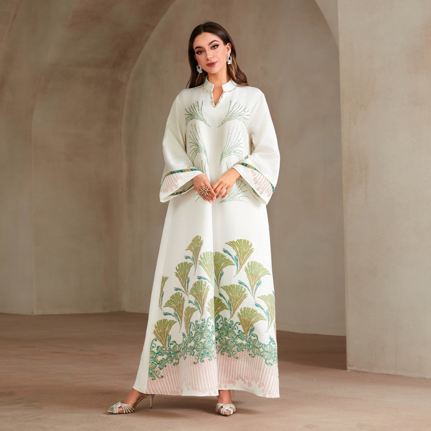 Muslim Women's Jacquard Dress with Rhinestones