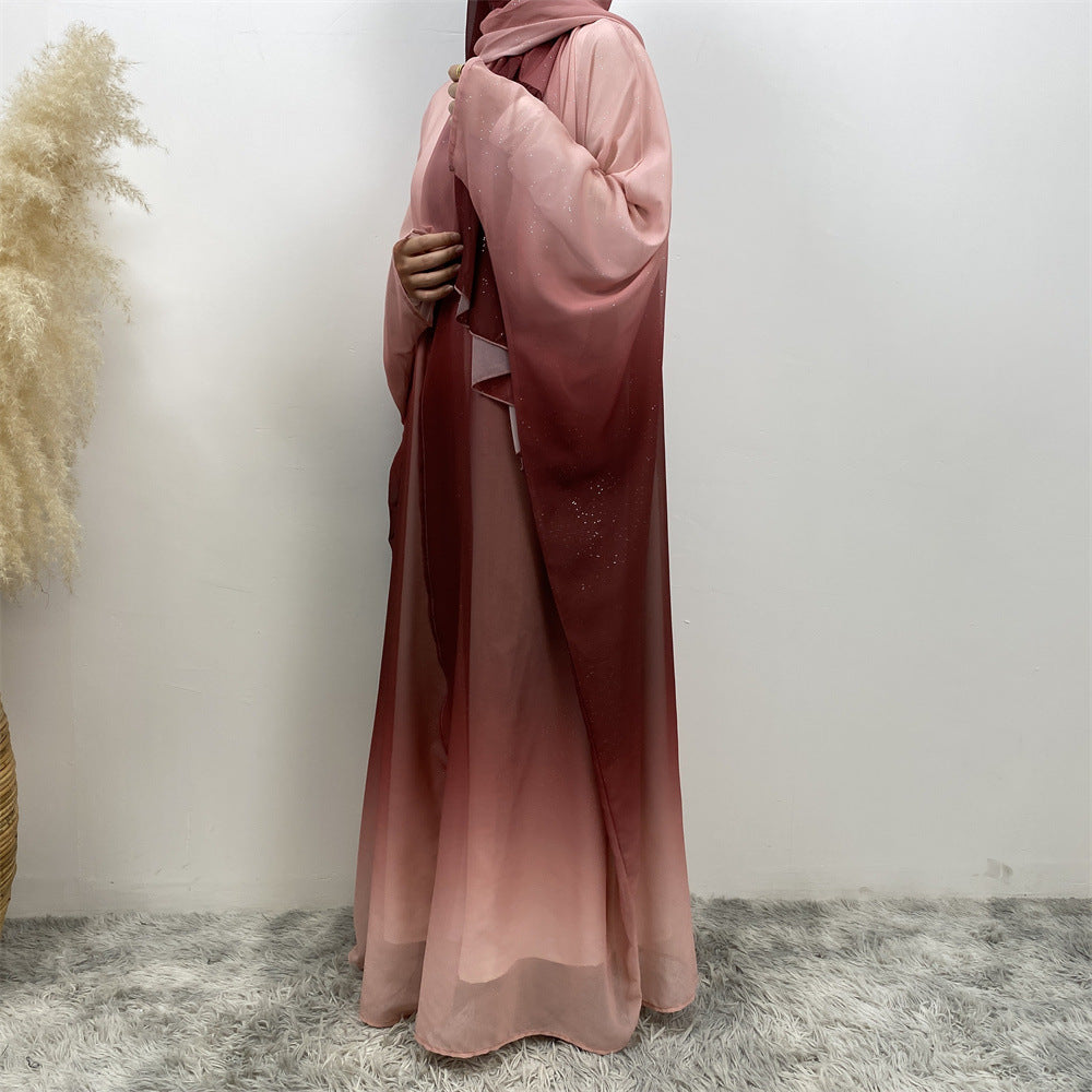 Muslim Chiffon Cardigan Gradient Bat Sleeve Set with Hijab