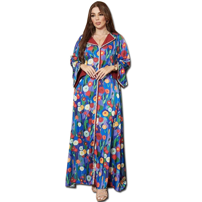 Women's Print Satin-paneled Jalabiya Dress