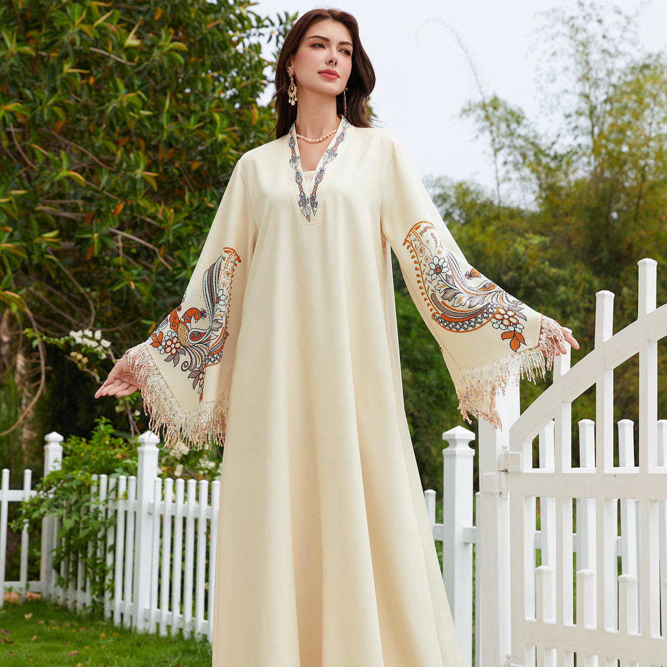 Printed Fringe-Sleeve Muslim Kaftan Maxi Dress