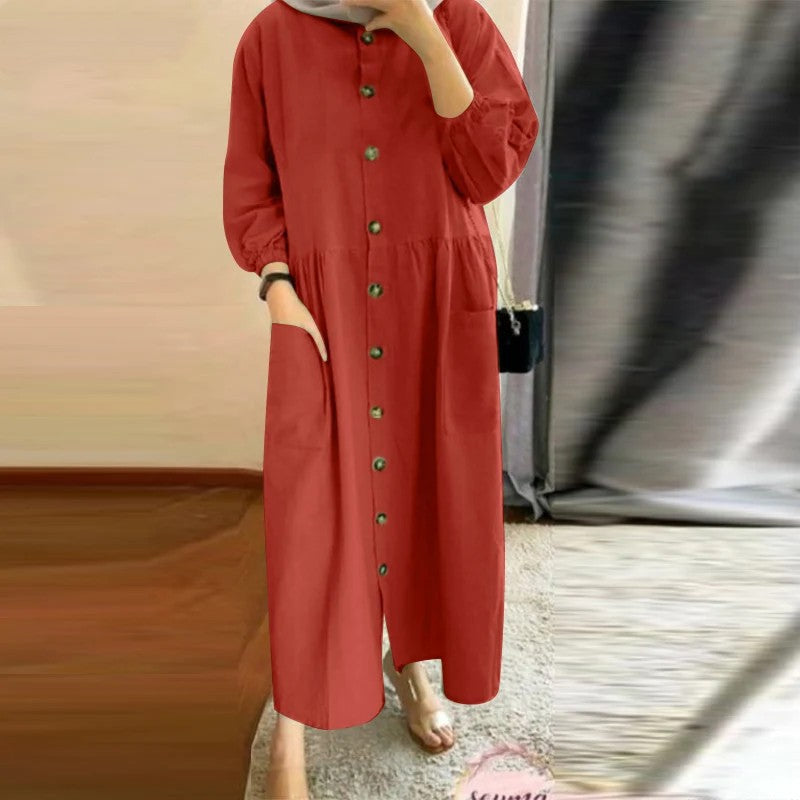 Button-Front Pocket Muslim Midi Day Dress
