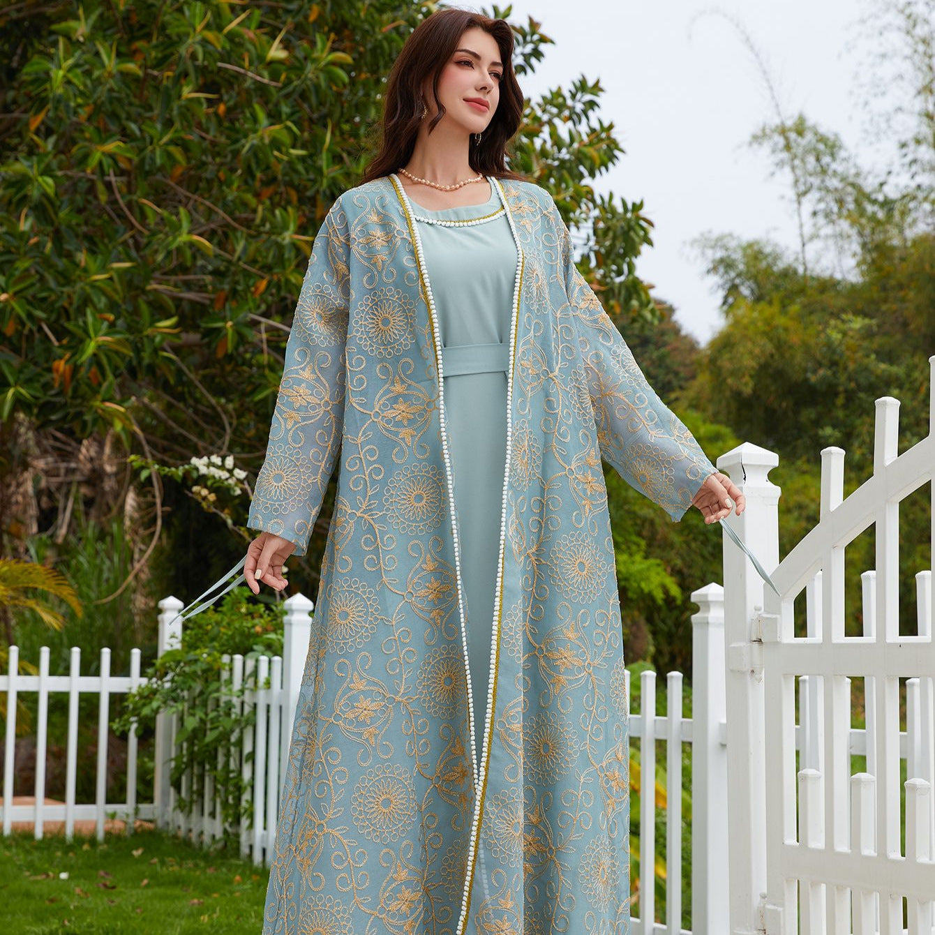 Dubai Muslim Jacquard Two-Piece Maxi Abaya Set