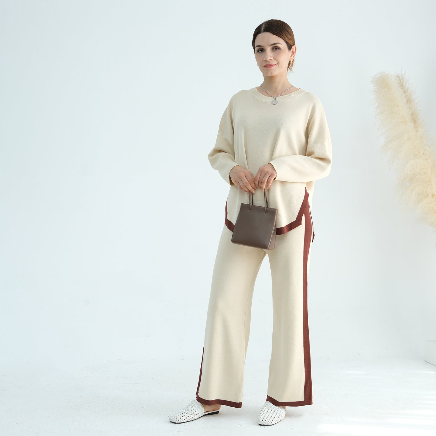 Thickened Knitted Sweater Wide-Leg Pants Trousers Two-Piece Set