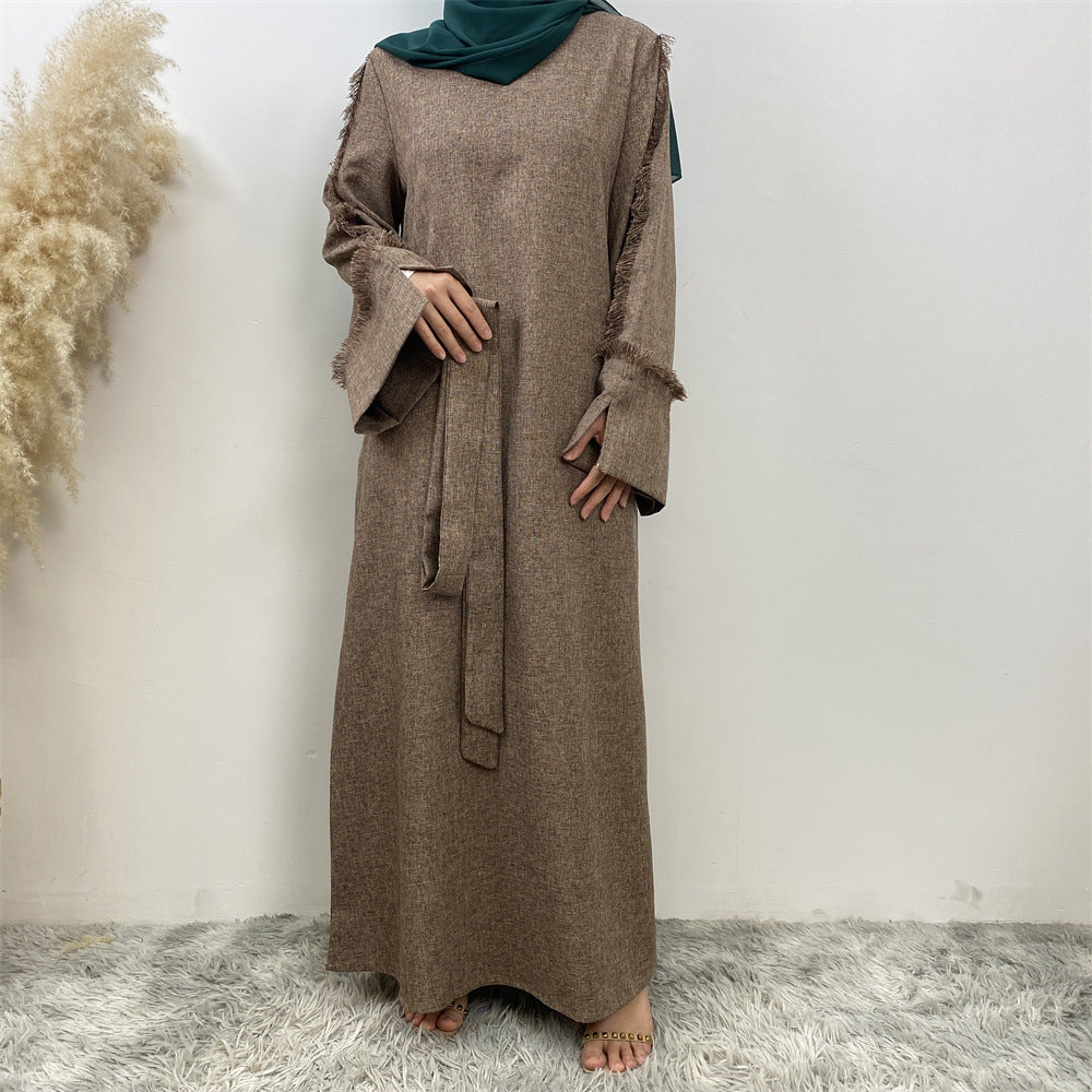 Fringe Sleeve Muslim Flare-Hem Maxi Dress