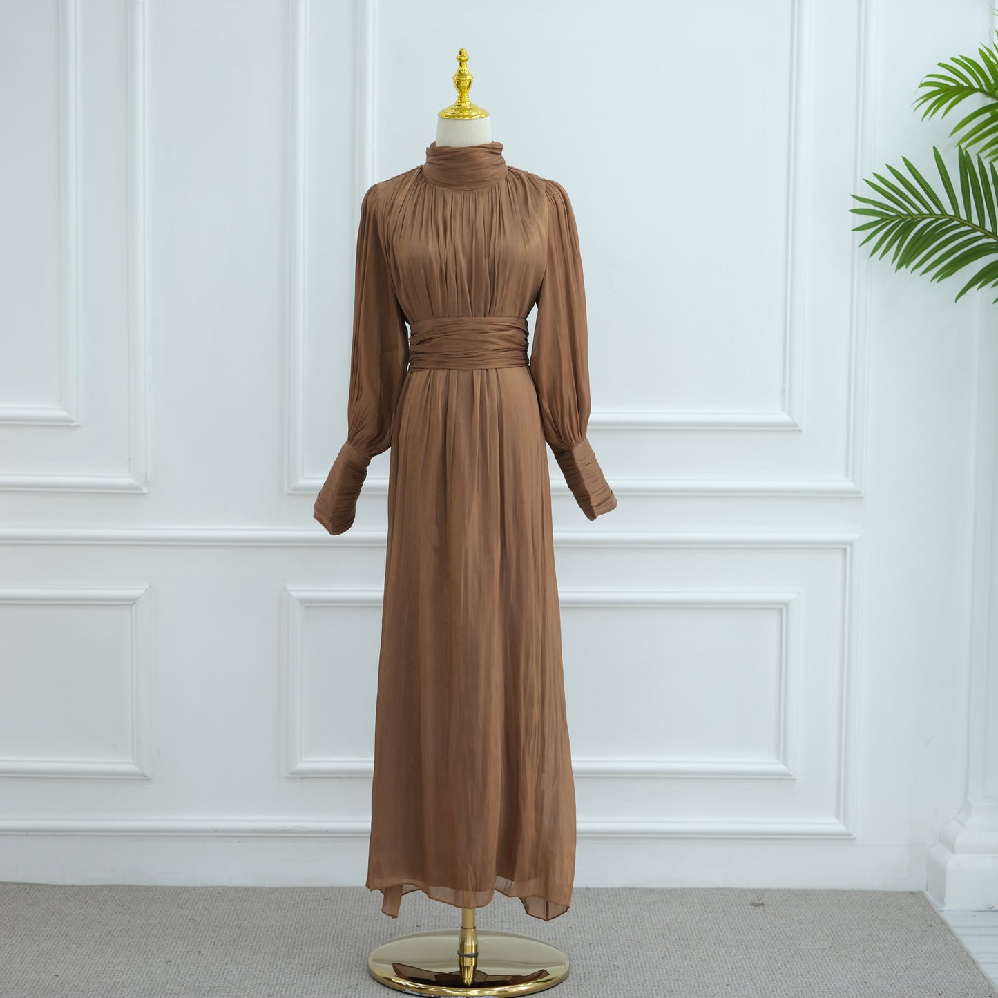 Elegant Pleated Satin Maxi Dress with Waist Belt