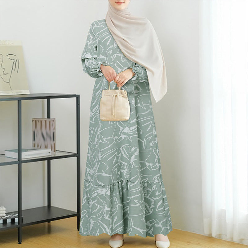 Women's Long-sleeved Geometric Print Ruffle Dress