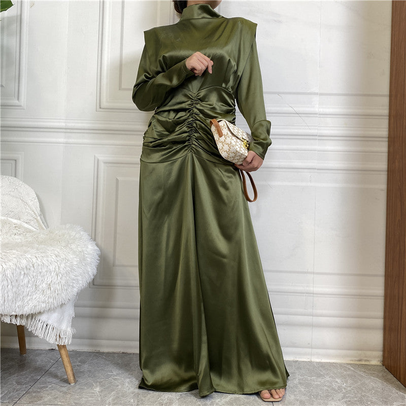 Satin Ruched High-Neck Muslim Evening Gown