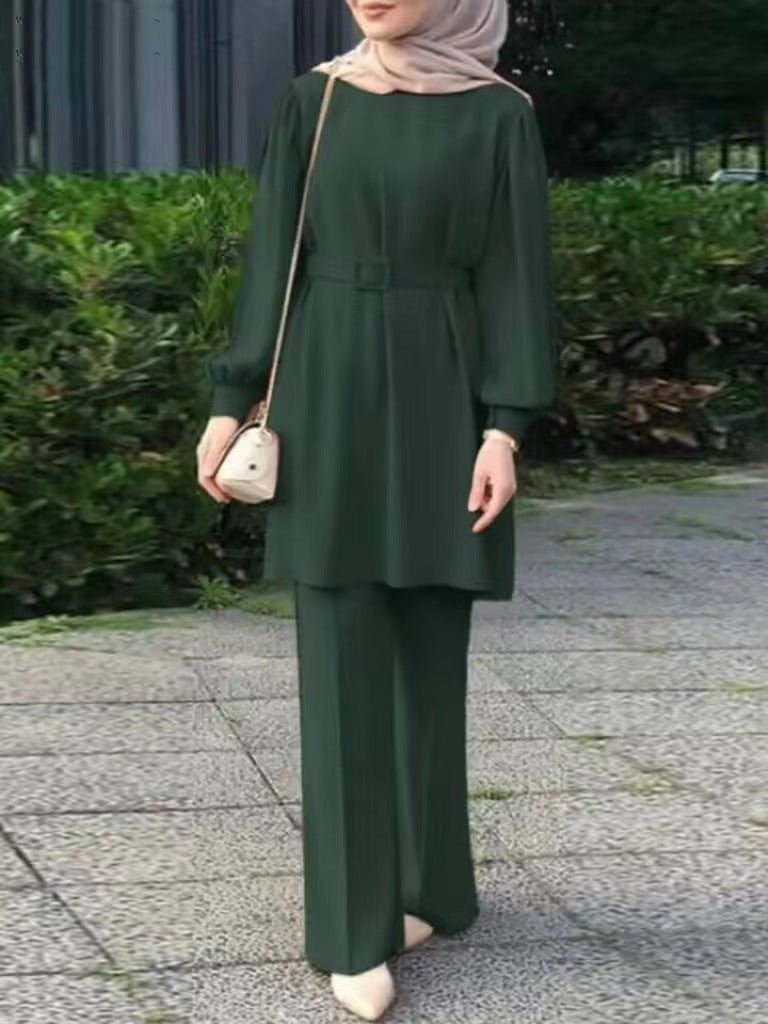 Women's Crewneck Top Waistband Trousers Set