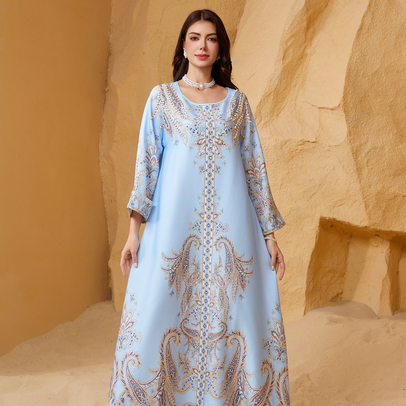 Beaded Rhinestone Sky-Blue Muslim Kaftan Maxi Dress