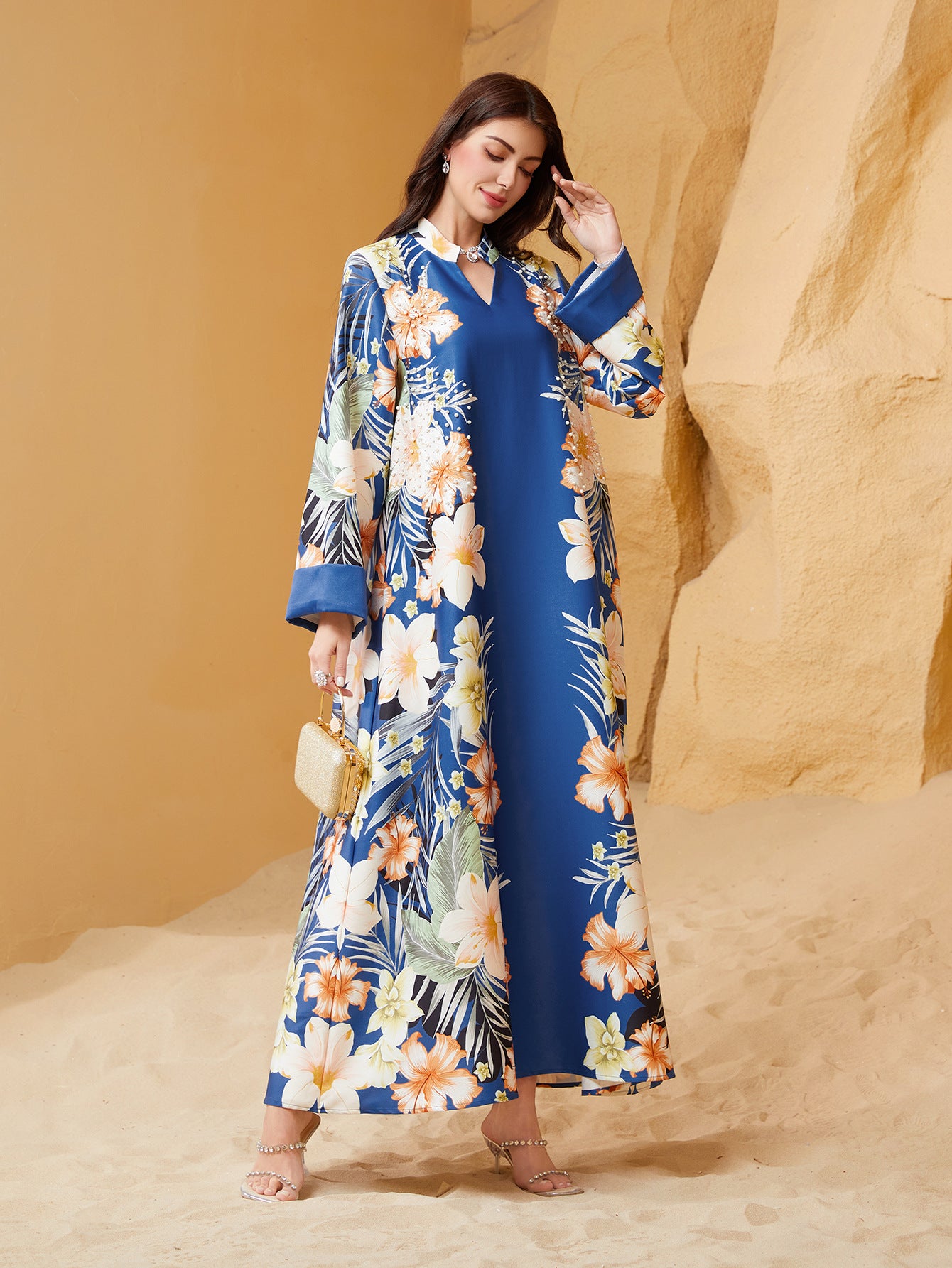 Floral Print Muslim Kaftan Maxi Dress