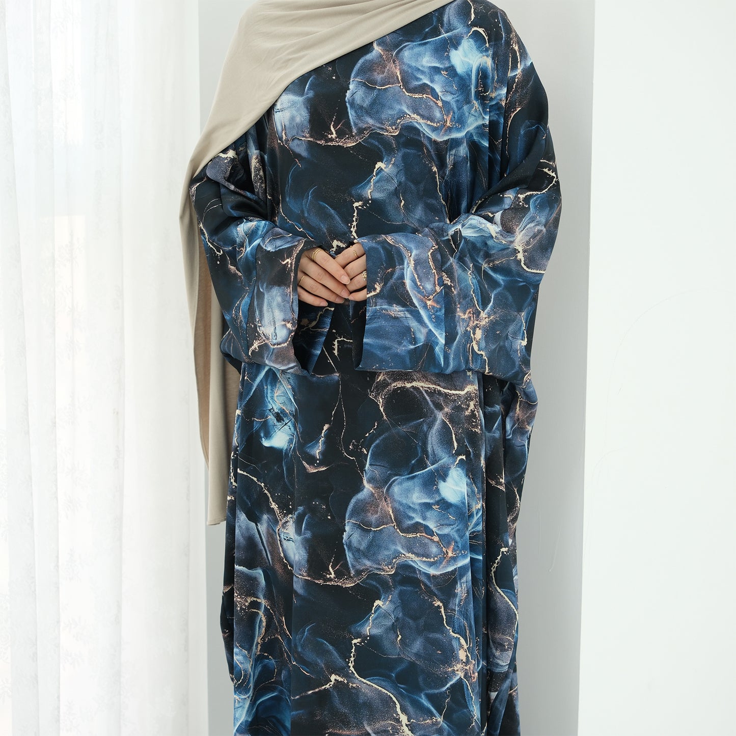 Satin Printed Maxi Dress with Waist Belt and Batwing Sleeves