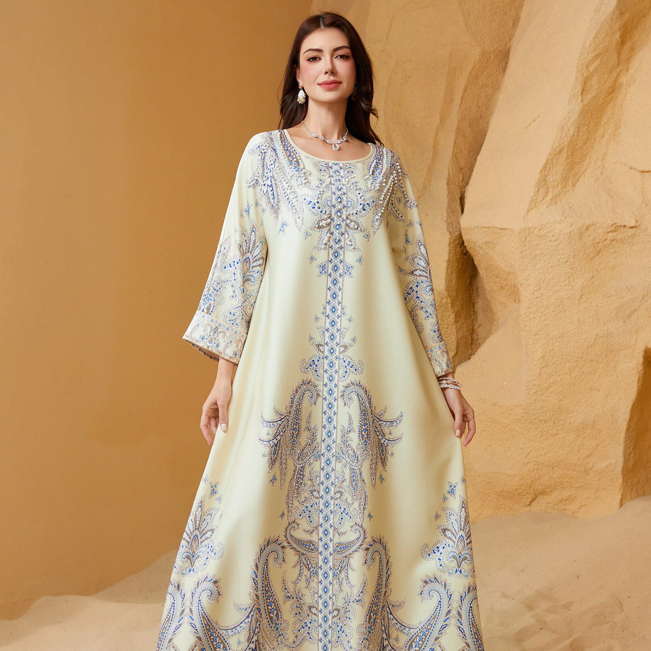 Beaded Print Muslim Kaftan Maxi Dress