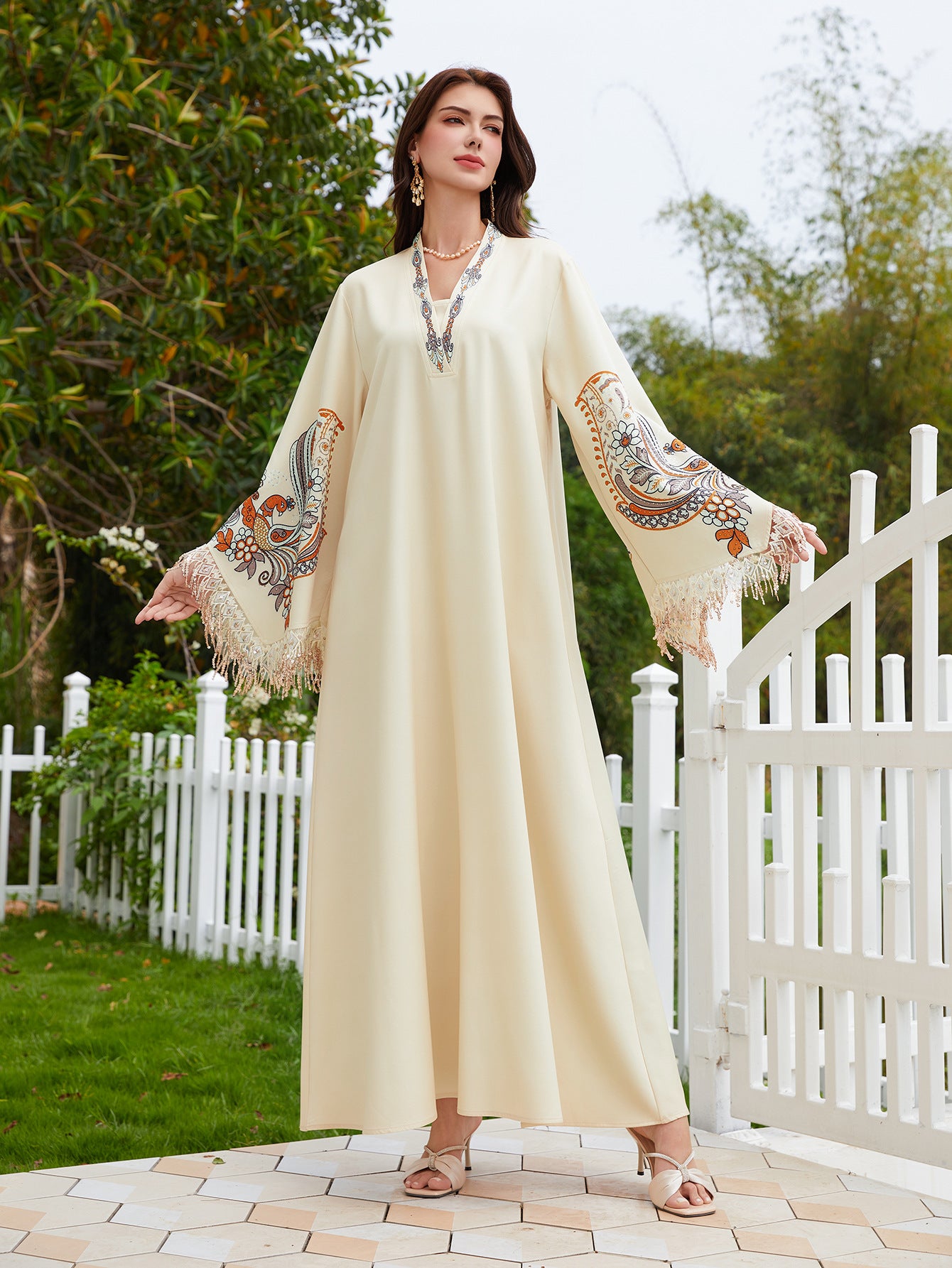 Printed Fringe-Sleeve Muslim Kaftan Maxi Dress