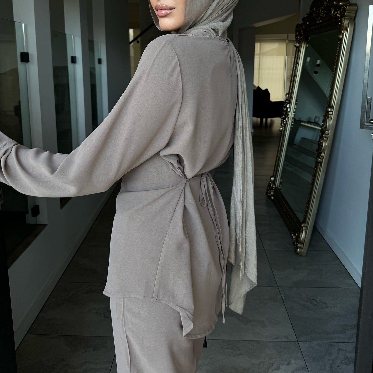 Modest Two Piece Nida Set with Waist Tie and Long Pants