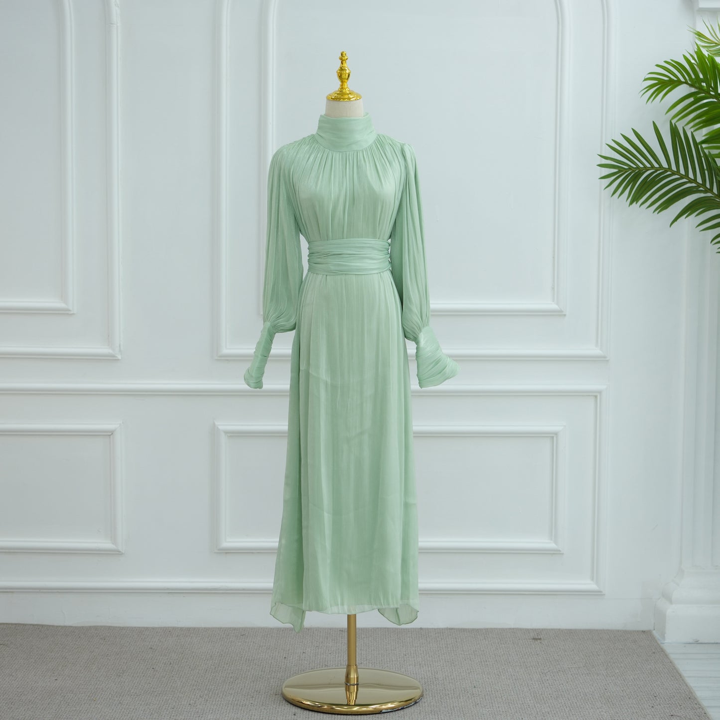Elegant Pleated Satin Maxi Dress with Waist Belt