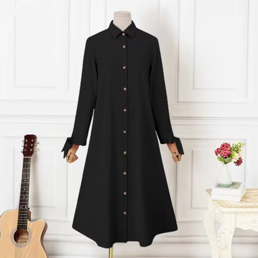 Women's Long-sleeved Solid Color Wooden Button-down Shirt Dress
