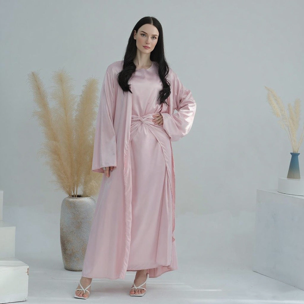 Solid Color Three Piece Abaya Set with Inner Dress and Belt