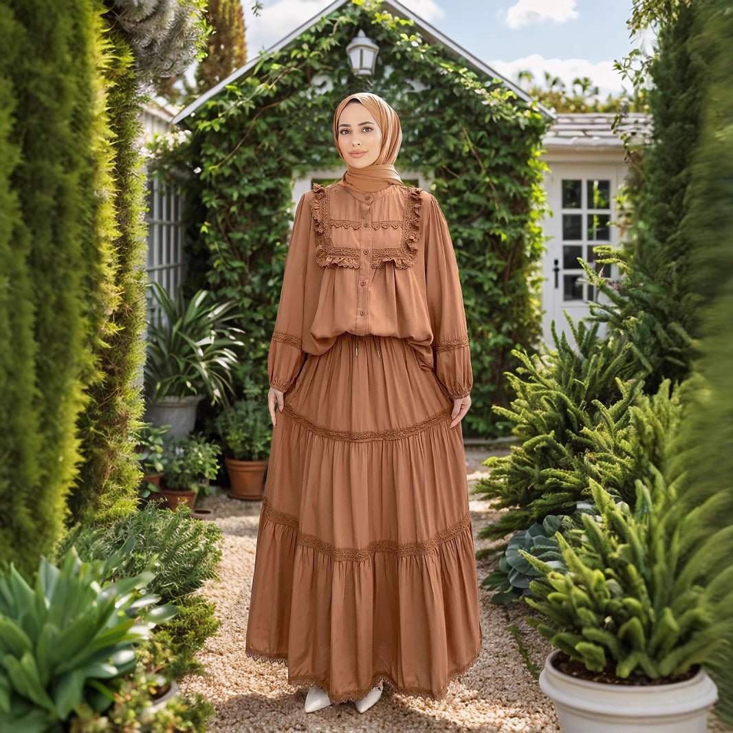 Lace Ruffle Trim Muslim Two-Piece Skirt Set
