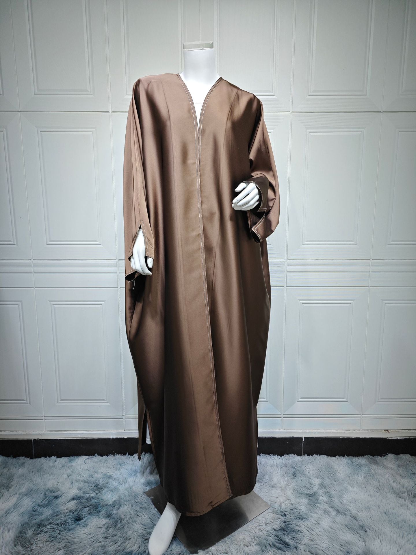 Loose Solid-colored Satin Open Abaya