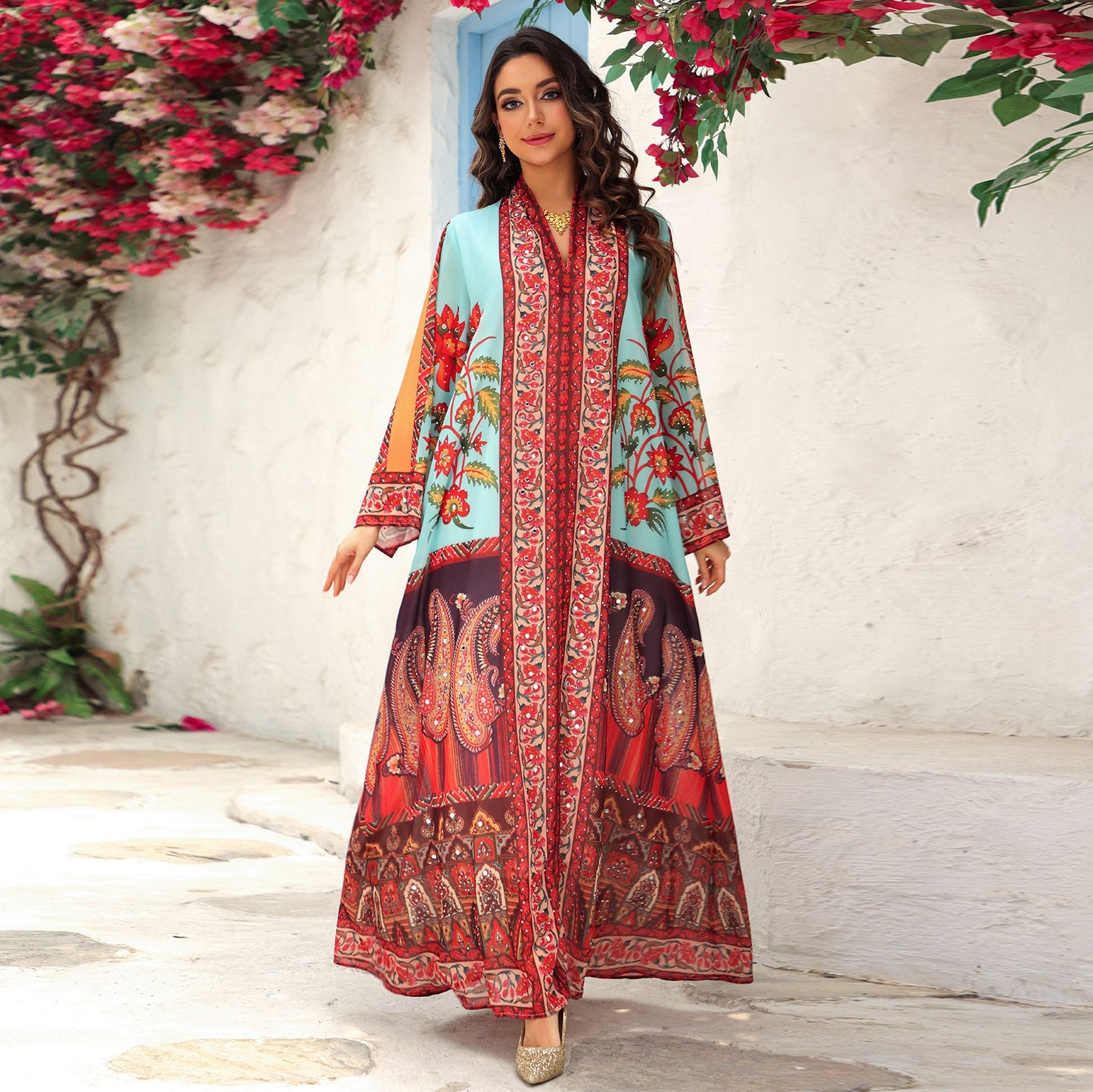 Pullover Printed Dress with Rhinestones