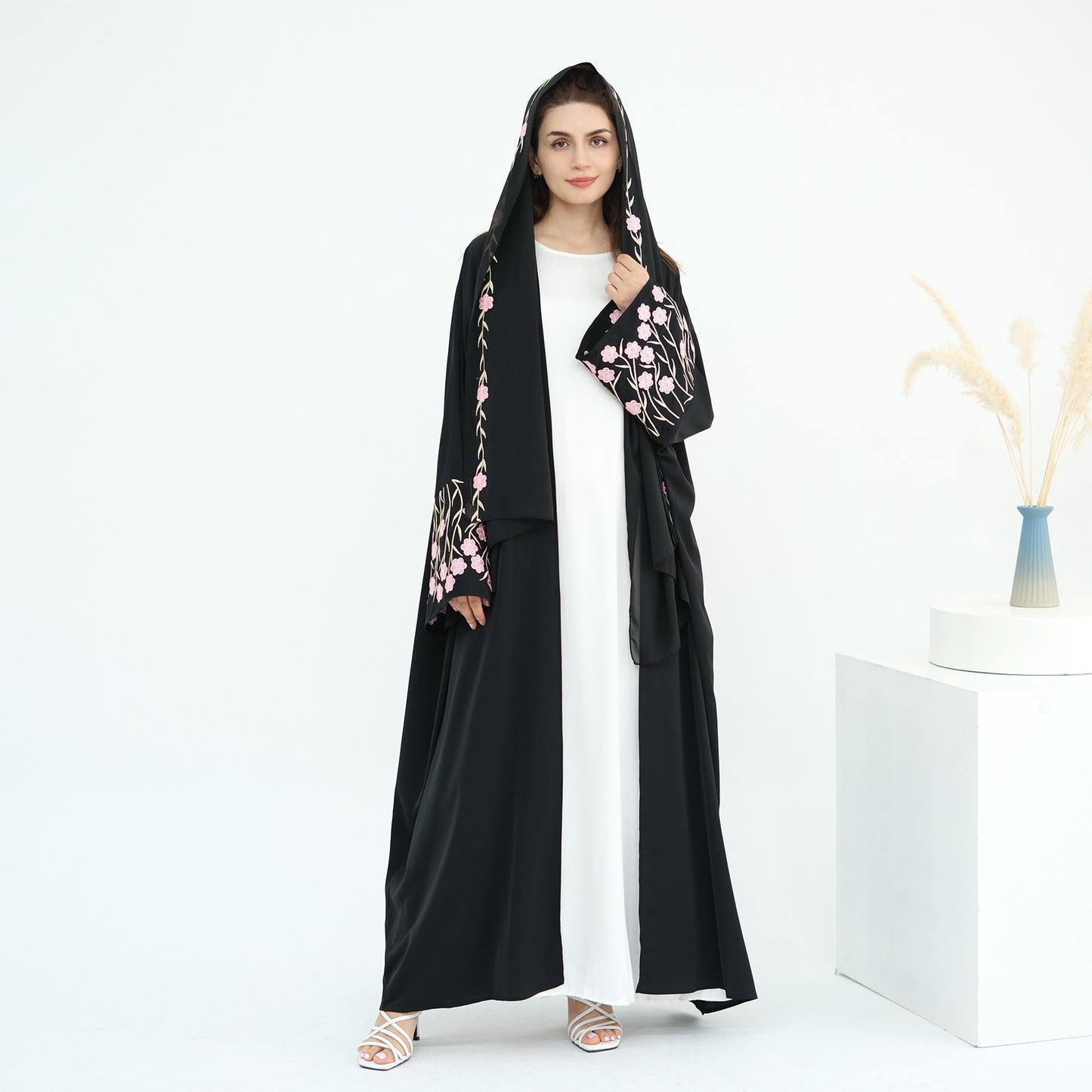 Women's Dubai Floral Embroidered Elegant Open Abaya Robe