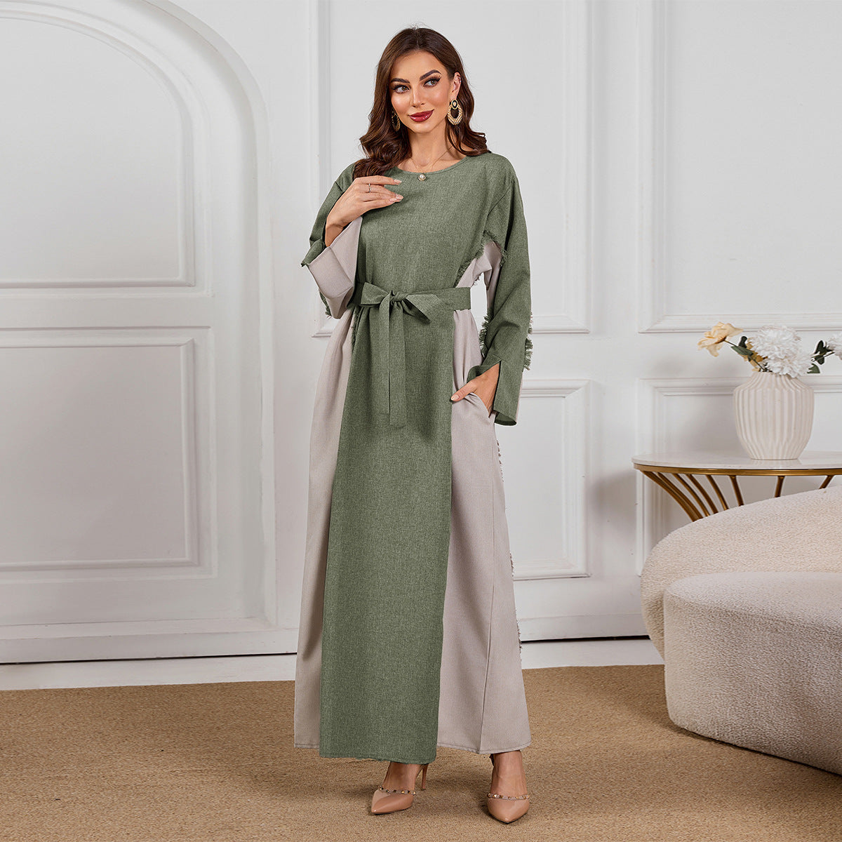 2025 Grey Muslim Maxi Dress: Stylish & Elegant Long Robe with Linen-Like Patchwork Design