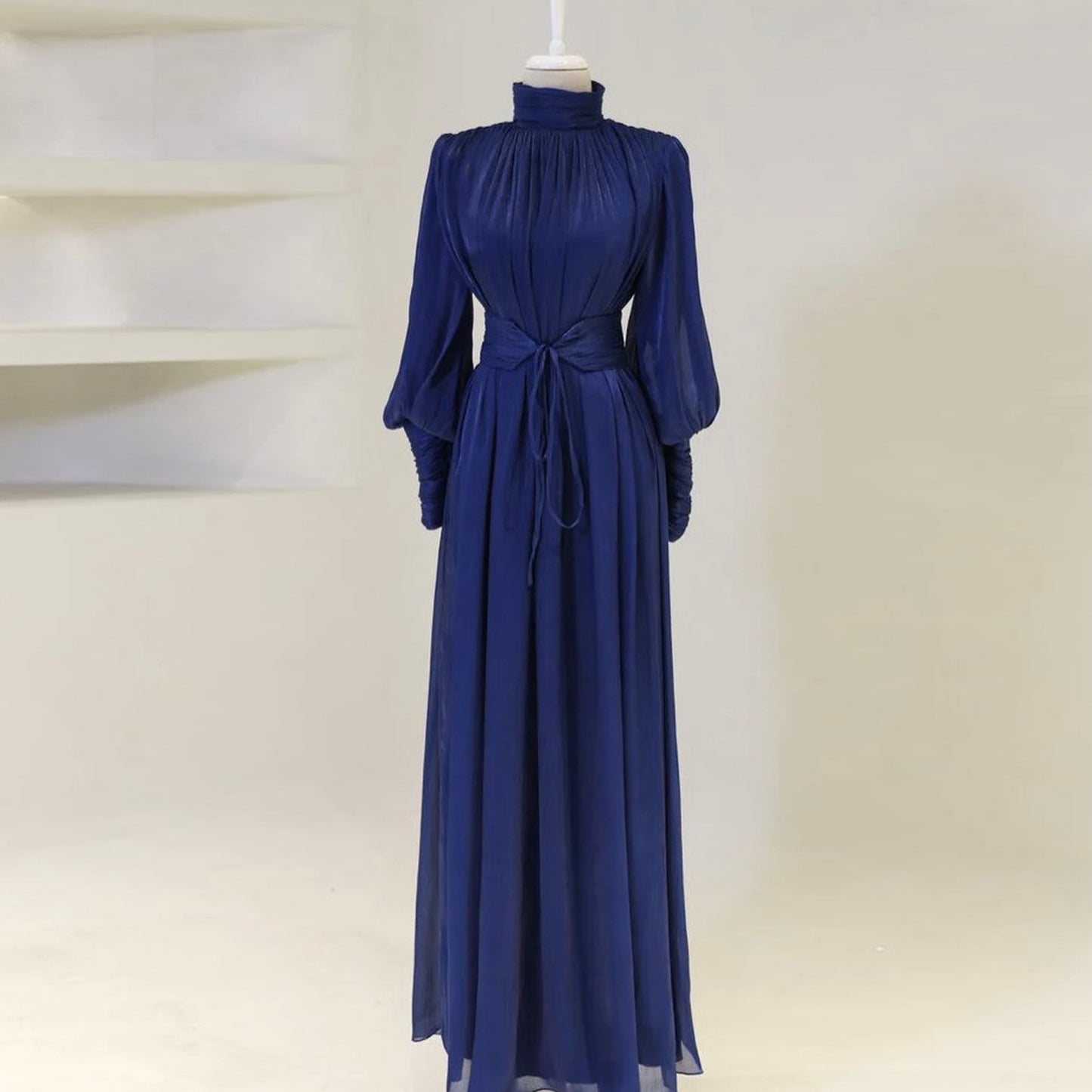 Elegant Pleated Satin Maxi Dress with Waist Belt