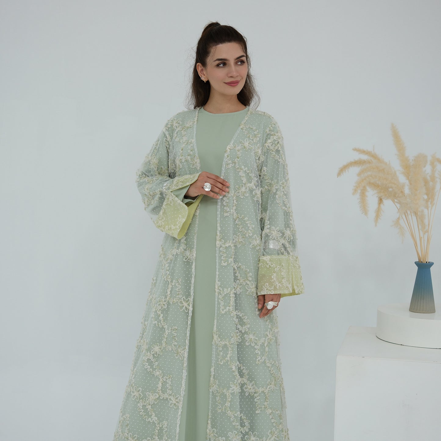 Elegant 3D Floral Mesh Open Abaya with Optional Inner Dress and Scarf