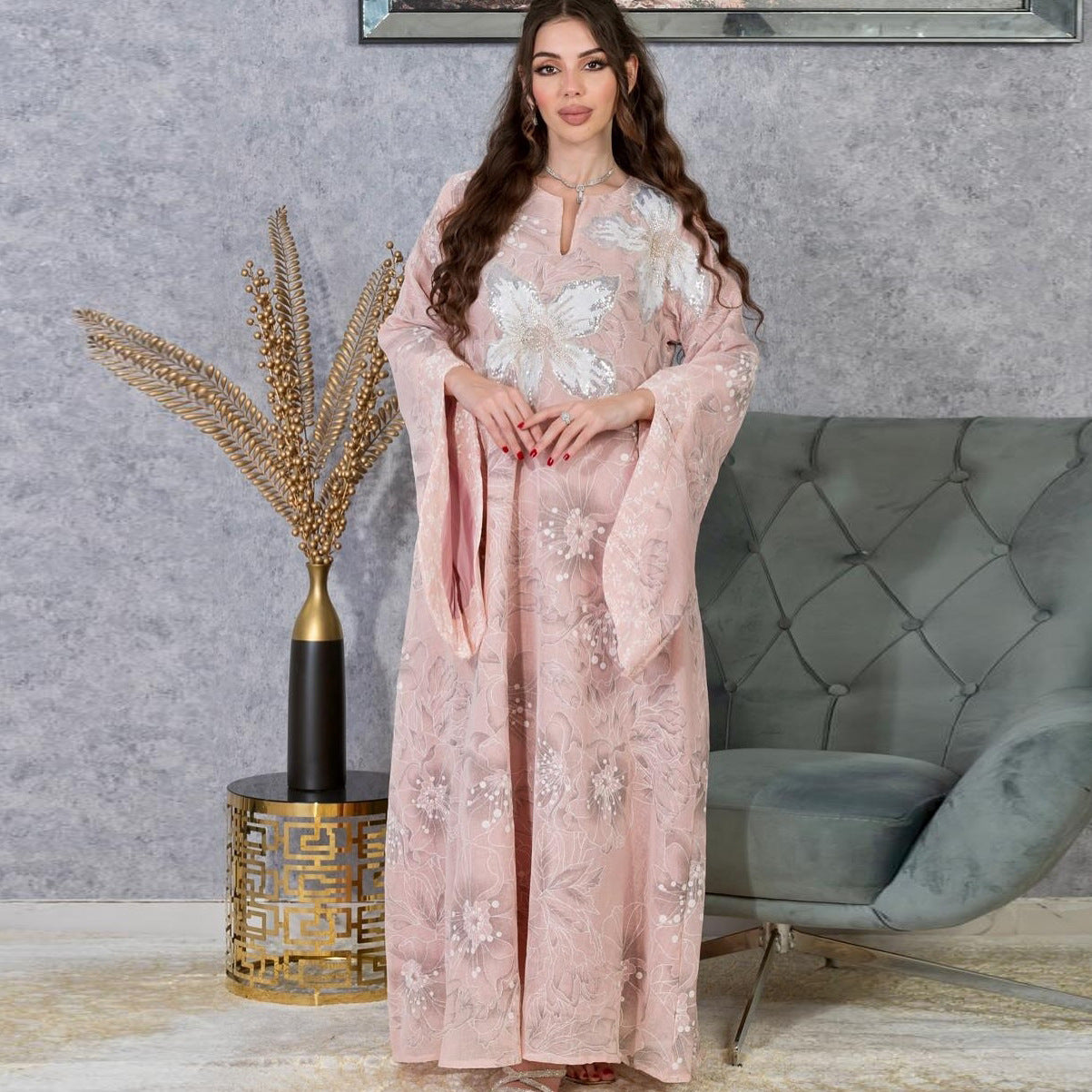 Women's Embroidered Chiffon Dress with Appliqués and Sequins