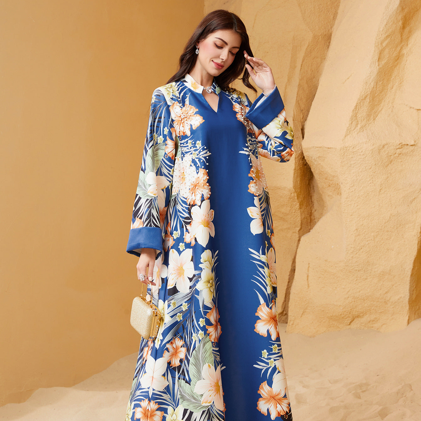Floral Print Muslim Kaftan Maxi Dress