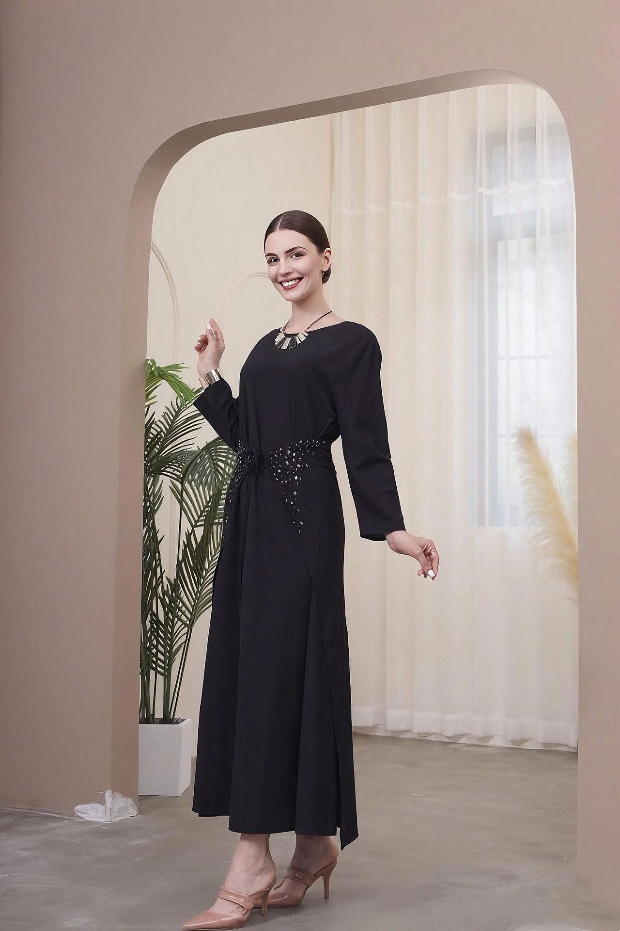 Solid Color Dress Set with Inner Maxi and Outer Abaya