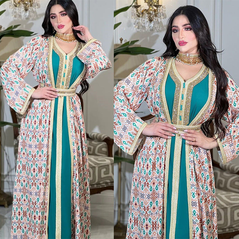 Women's Muslim Luxury Diamond Rhinestone Robe Two Piece Sets