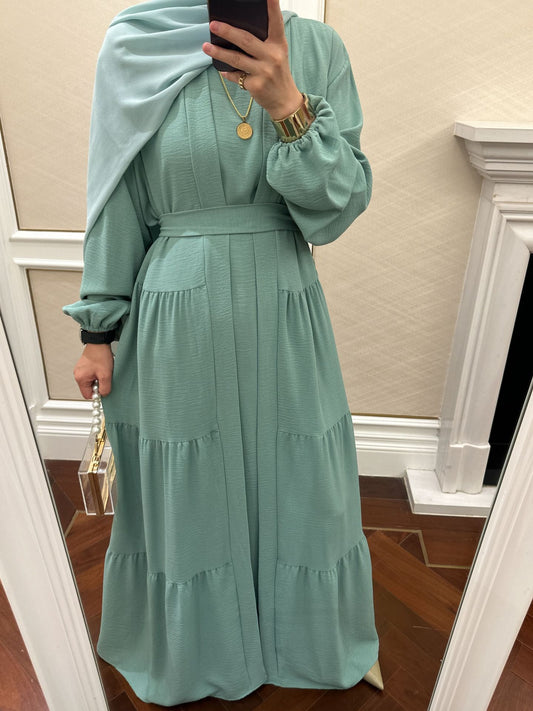 Modest Two Piece Maxi Dress with Open Abaya and Belt