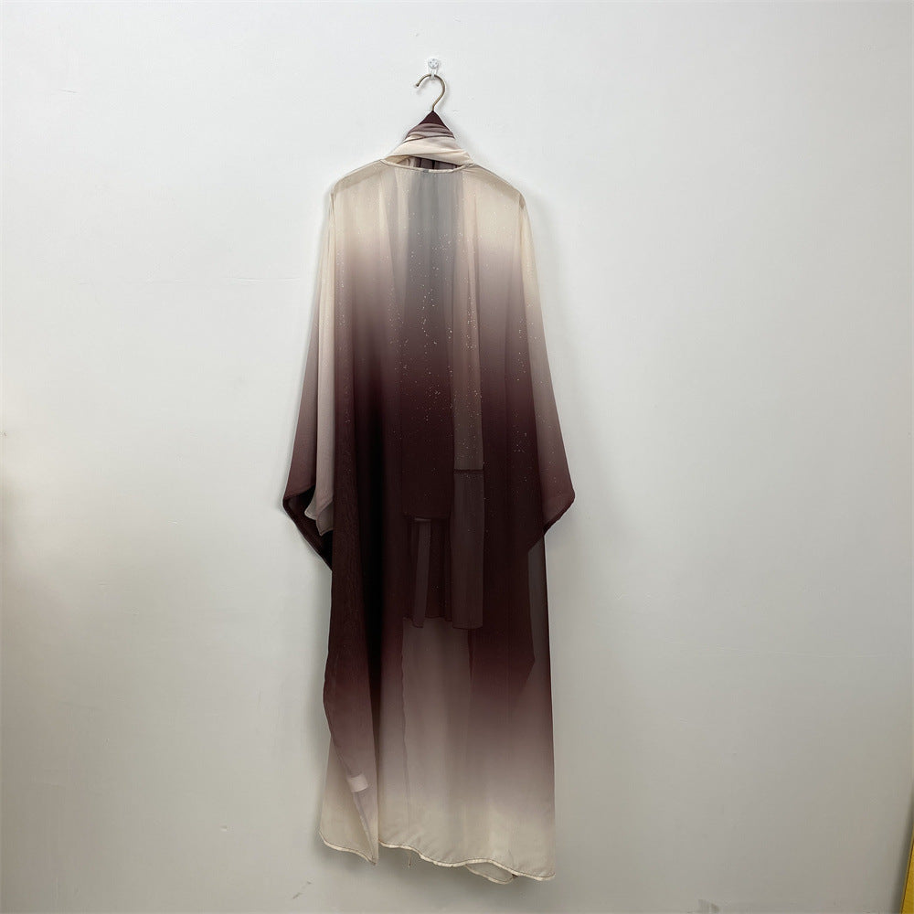 Muslim Chiffon Cardigan Gradient Bat Sleeve Set with Hijab