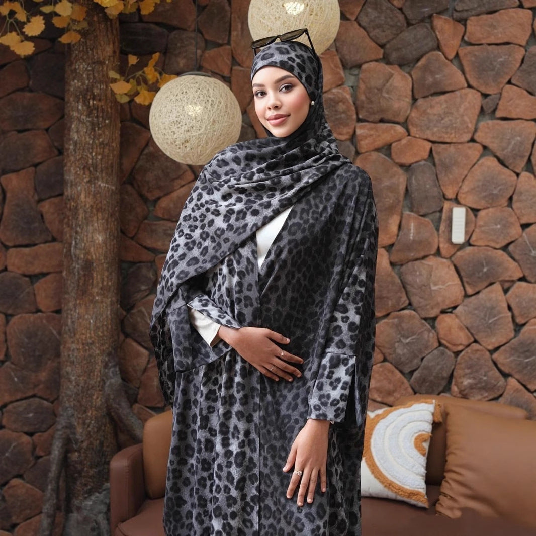 Leopard Abaya Open Front Cardigan in Lightweight Chiffon
