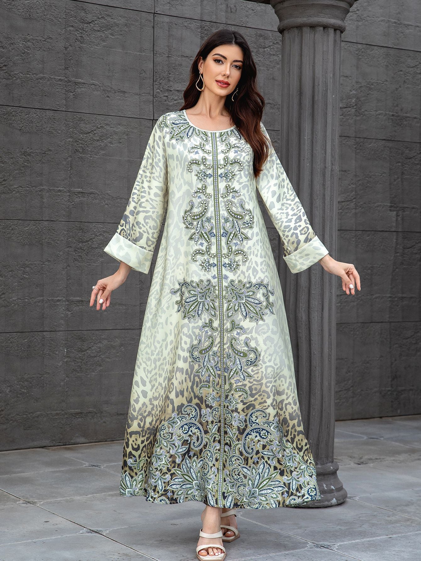 Leopard Beaded Rhinestone Muslim Kaftan Maxi Dress