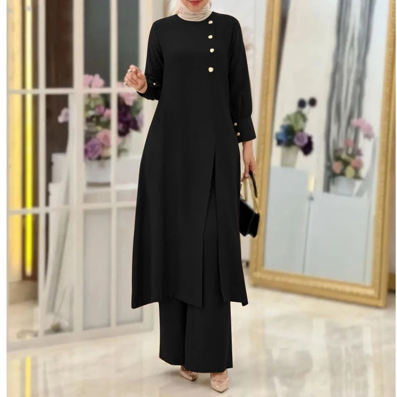 Women's Side Slit Long Shirt Wide Leg Pants Two-Piece Sets