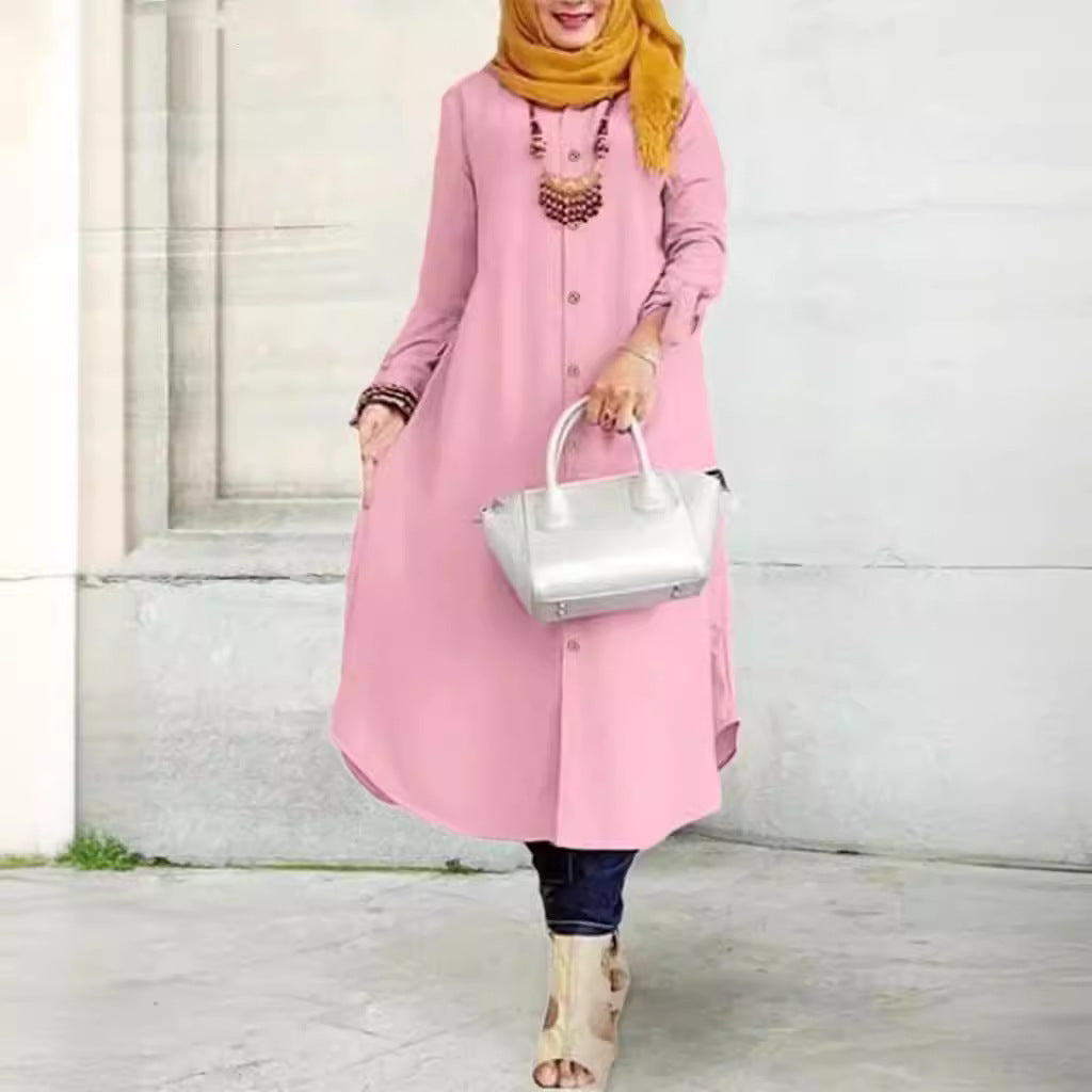Women's Long-sleeved Solid Color Wooden Button-down Shirt Dress