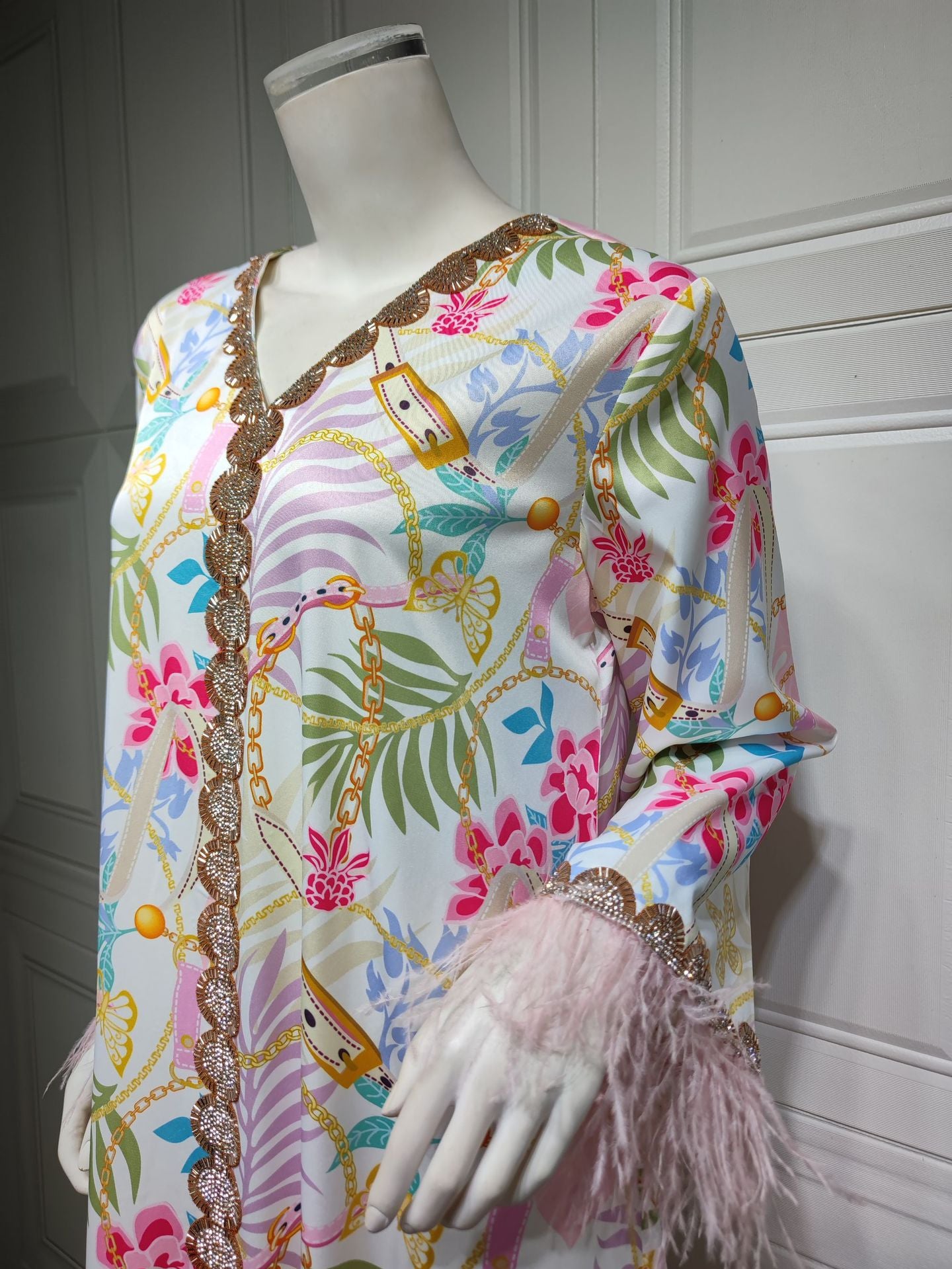 Hot Diamond Ostrich Feather Patchwork Printed Dress