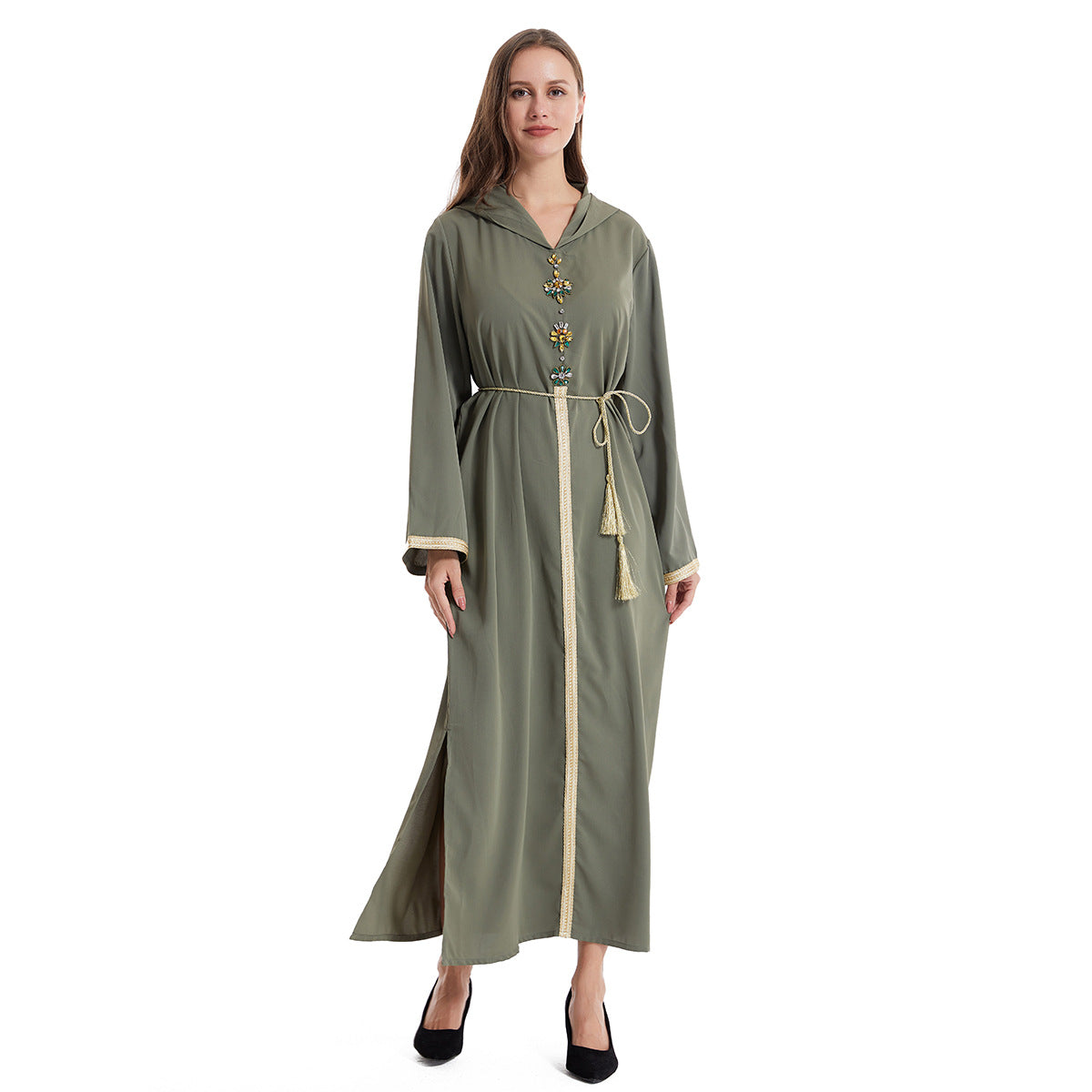 Women's Hooded Long-sleeved Hand-stitched Diamond Dress