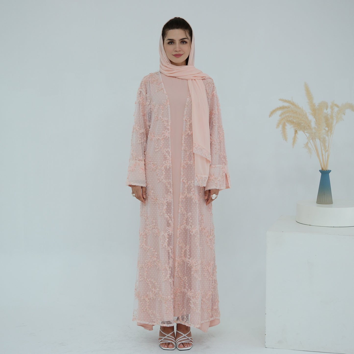 Elegant 3D Floral Mesh Open Abaya with Optional Inner Dress and Scarf