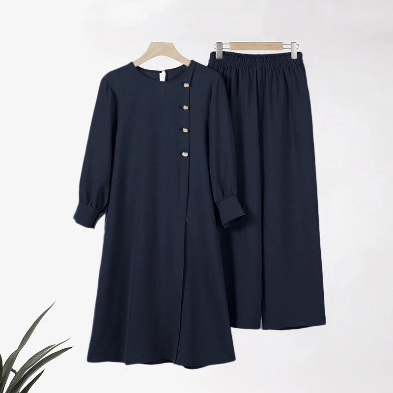 Women's Side Slit Long Shirt Wide Leg Pants Two-Piece Sets