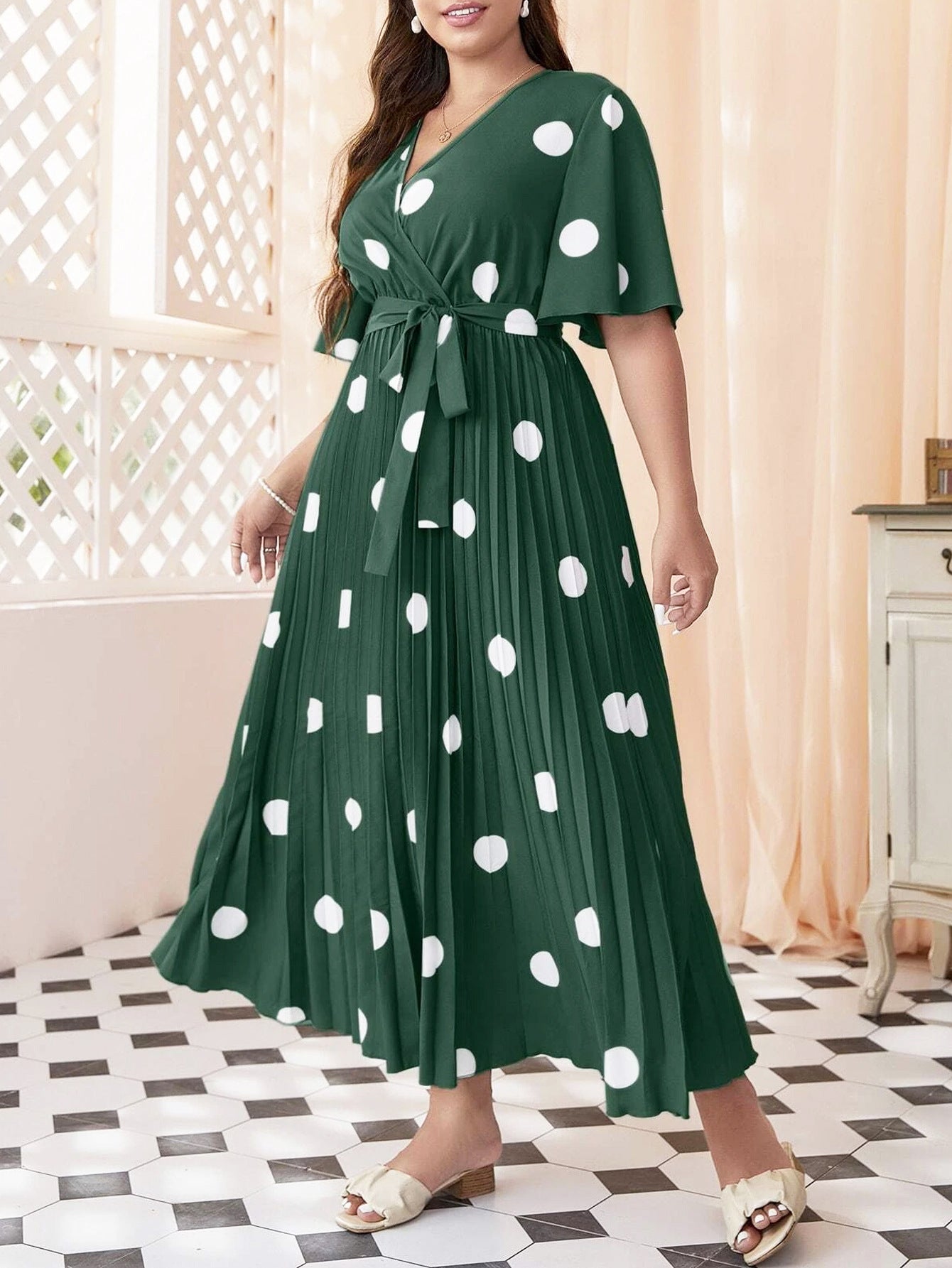 Women's Polka Dot Print Flared Sleeve Lace-up Pleated Dress