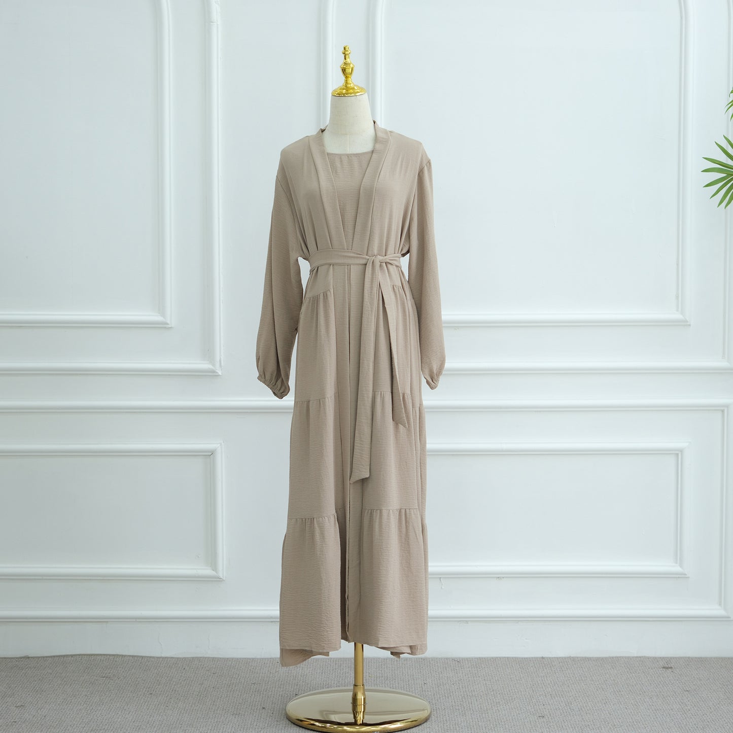 Modest Two Piece Maxi Dress with Open Abaya and Belt