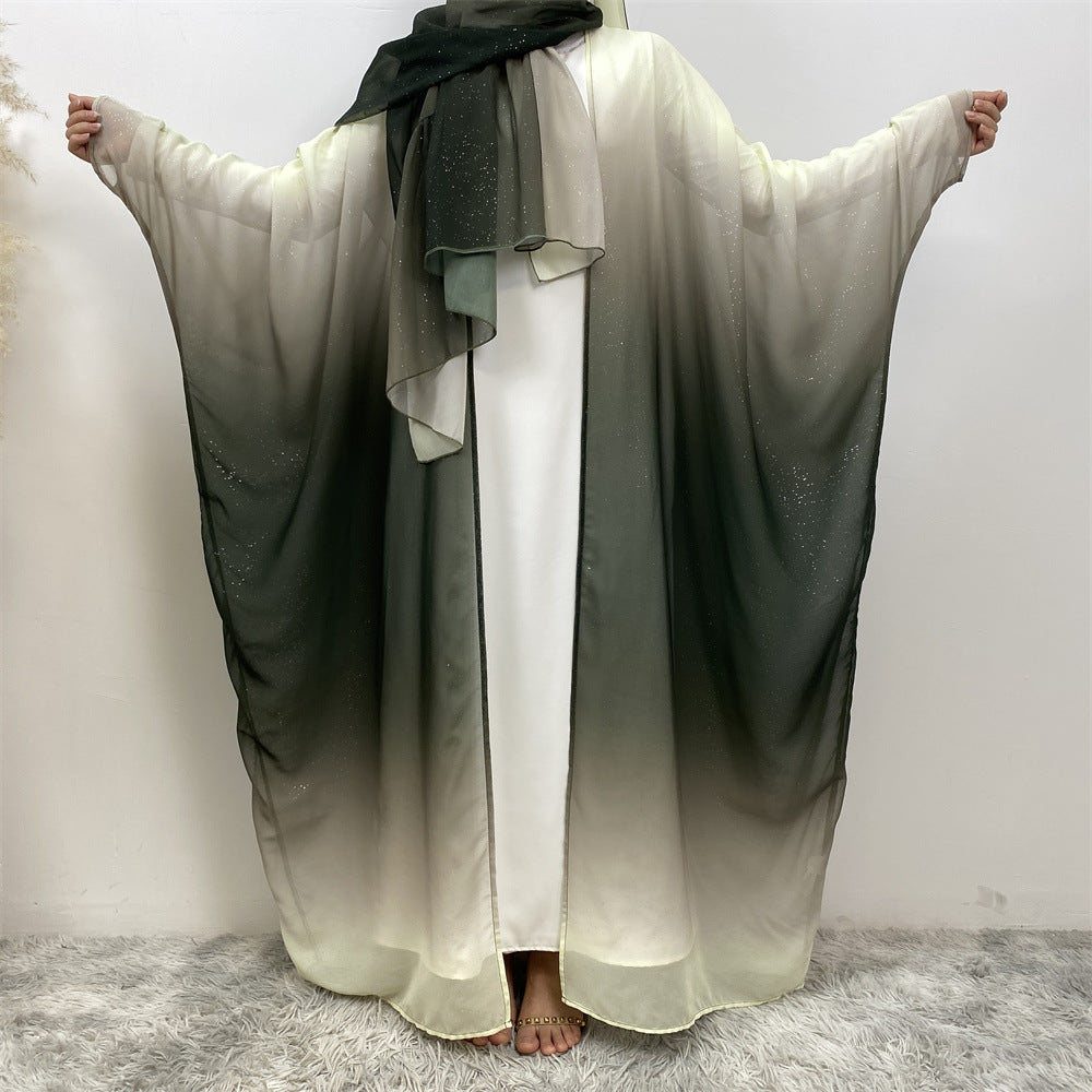 Muslim Chiffon Cardigan Gradient Bat Sleeve Set with Hijab