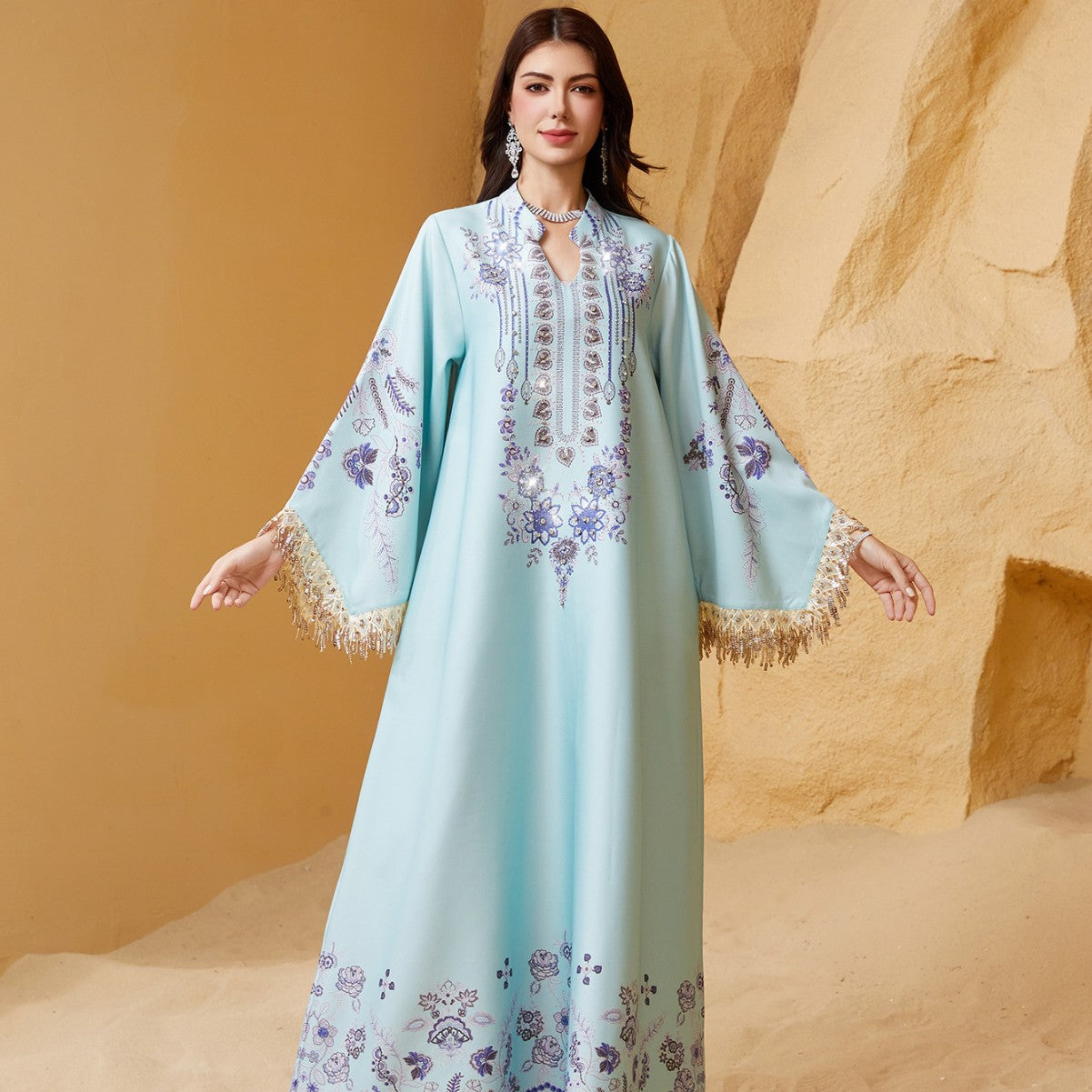Fringe-Sleeve Embroidered Muslim Kaftan Dress