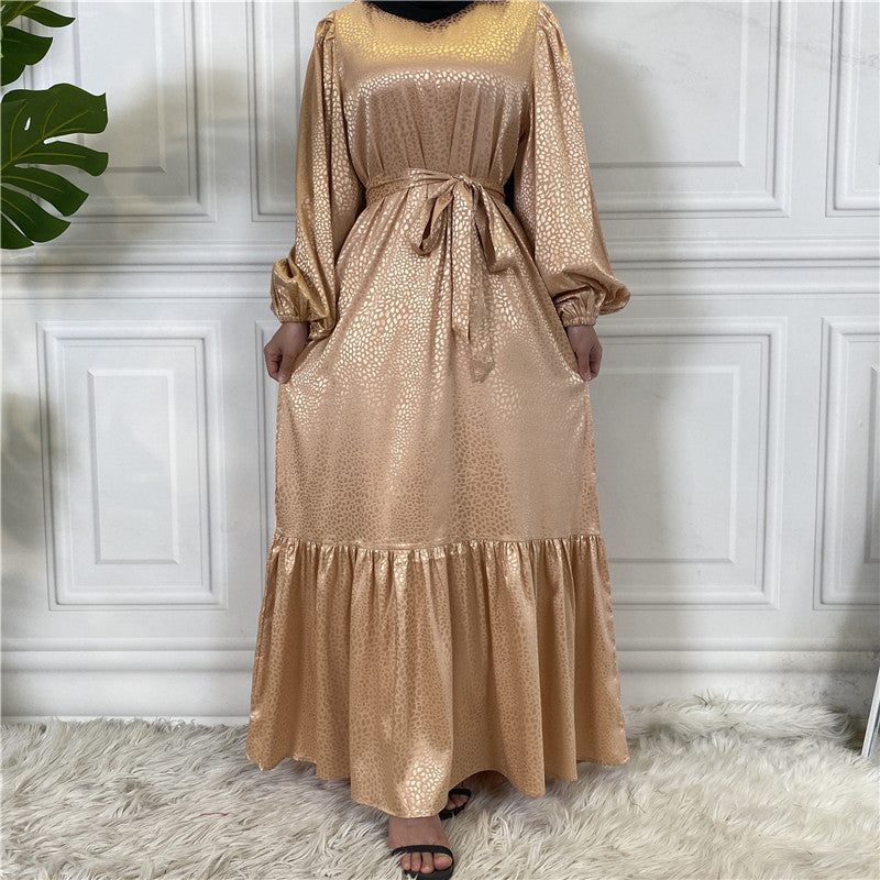 Modest Gold Jacquard Abaya Maxi Dress for Muslim Women