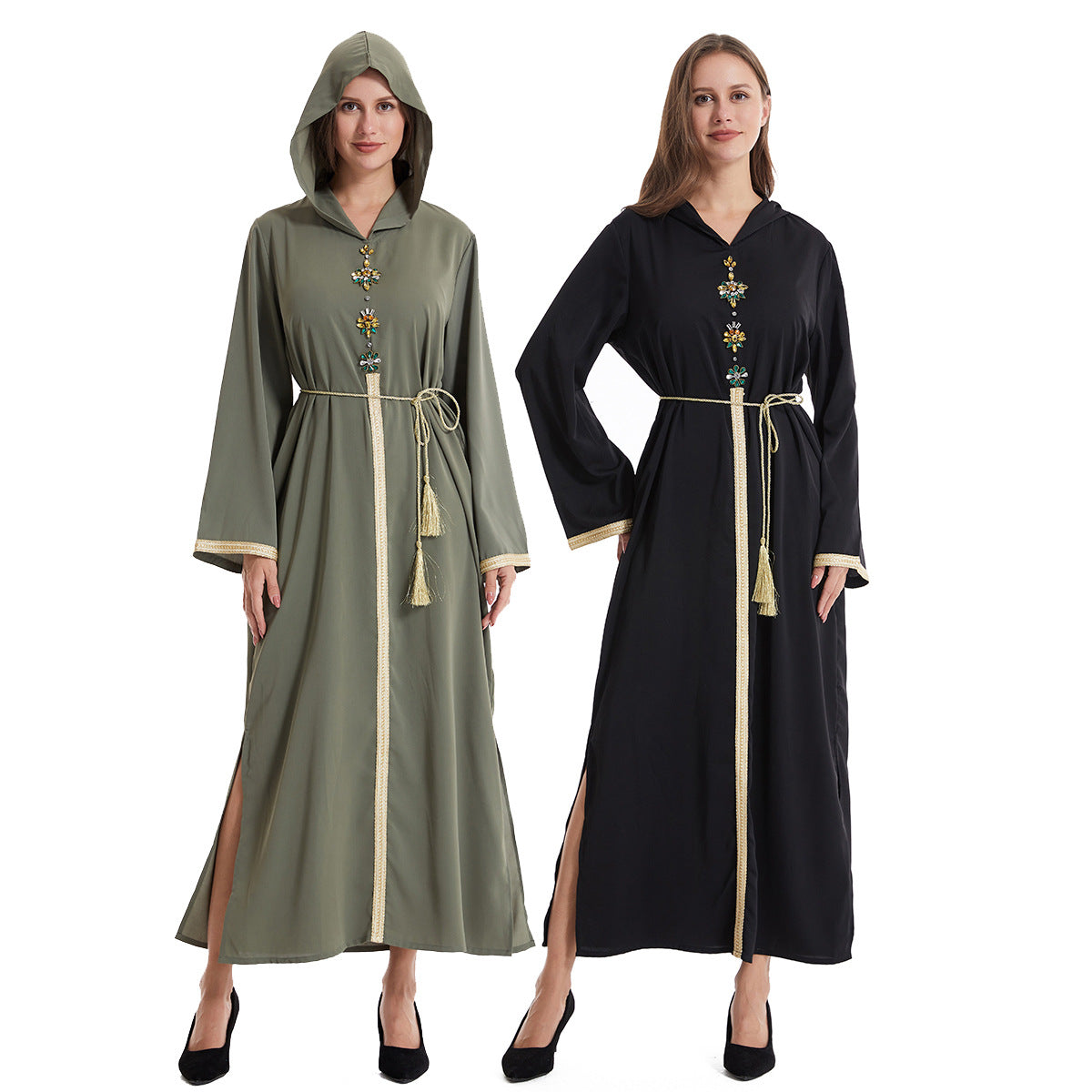 Women's Hooded Long Sleeve Hand-stitched Diamond Dress